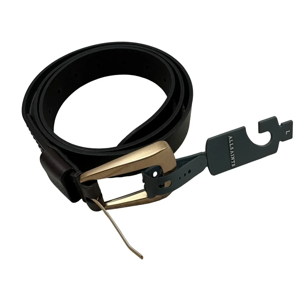 AllSaints Mens Deep Brown Genuine Leather 32mm Casual Belt Gold Buckle Large NEW